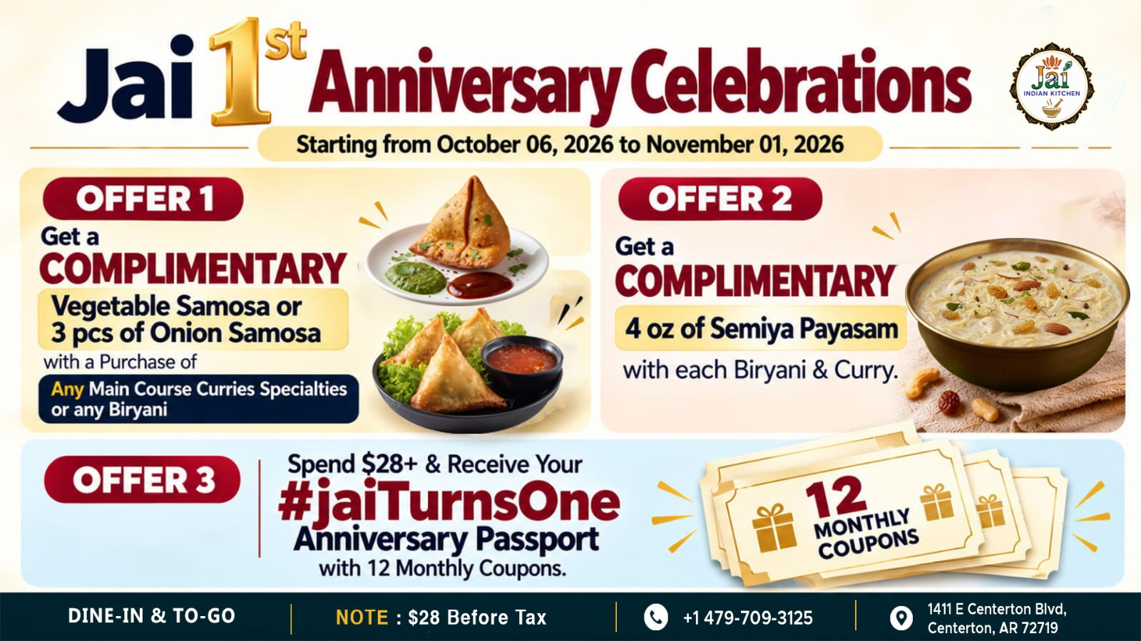 Jai Indian Kitchen 1st Anniversary Celebration Offers